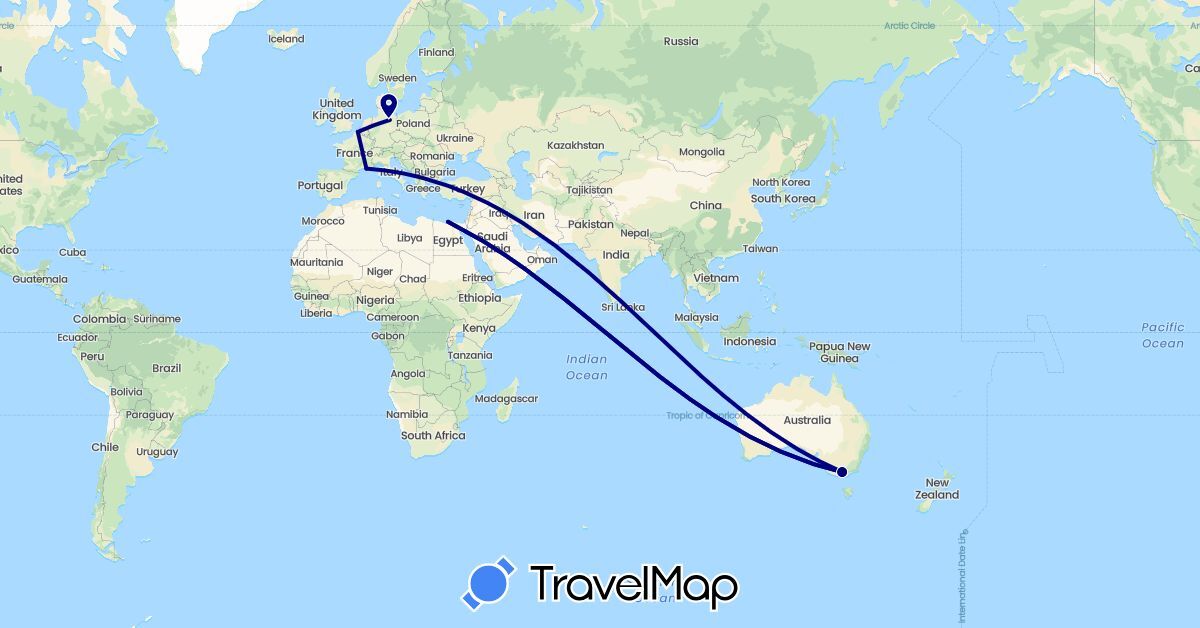TravelMap itinerary: driving in Australia, Germany, Egypt, France (Africa, Europe, Oceania)
